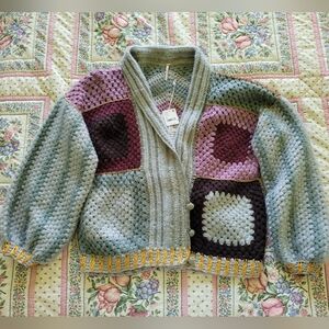 NWT Hand Crafted Free People Rough Diamond Crochet Oversize Bomber Cardigan S